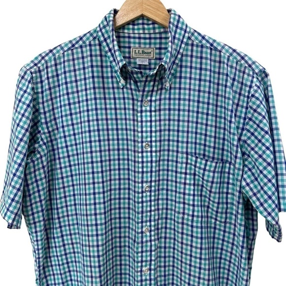 Men’s L.L. Bean Green, Purple, White Check Short-Sleeve Shirt, L - Picture 3 of 5